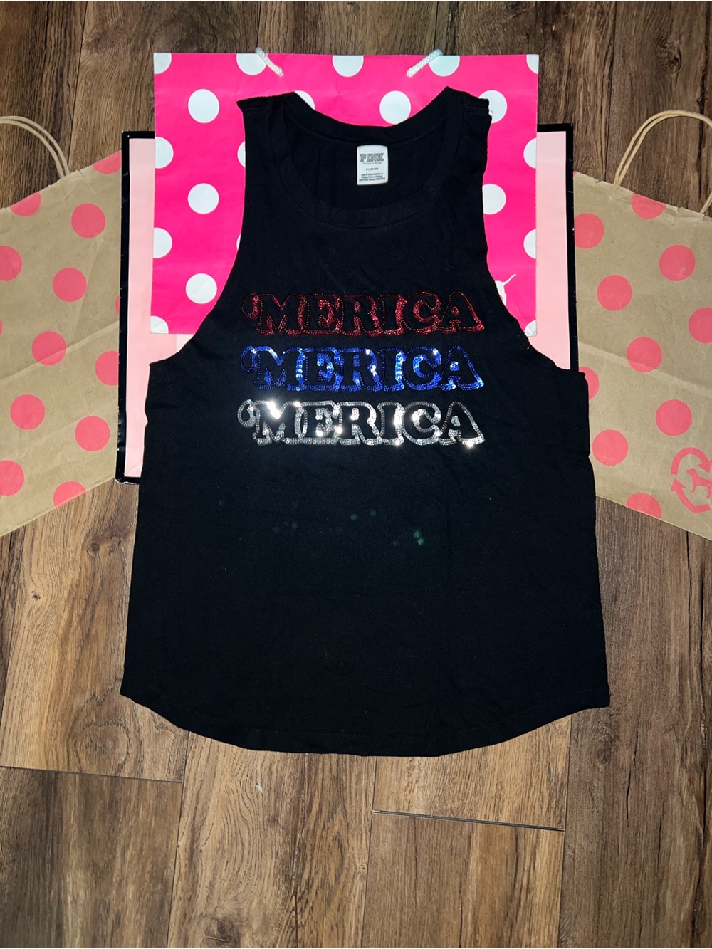 VS PINK Size MEDIUM Bling Repeat Logo ‘Merica Tank.